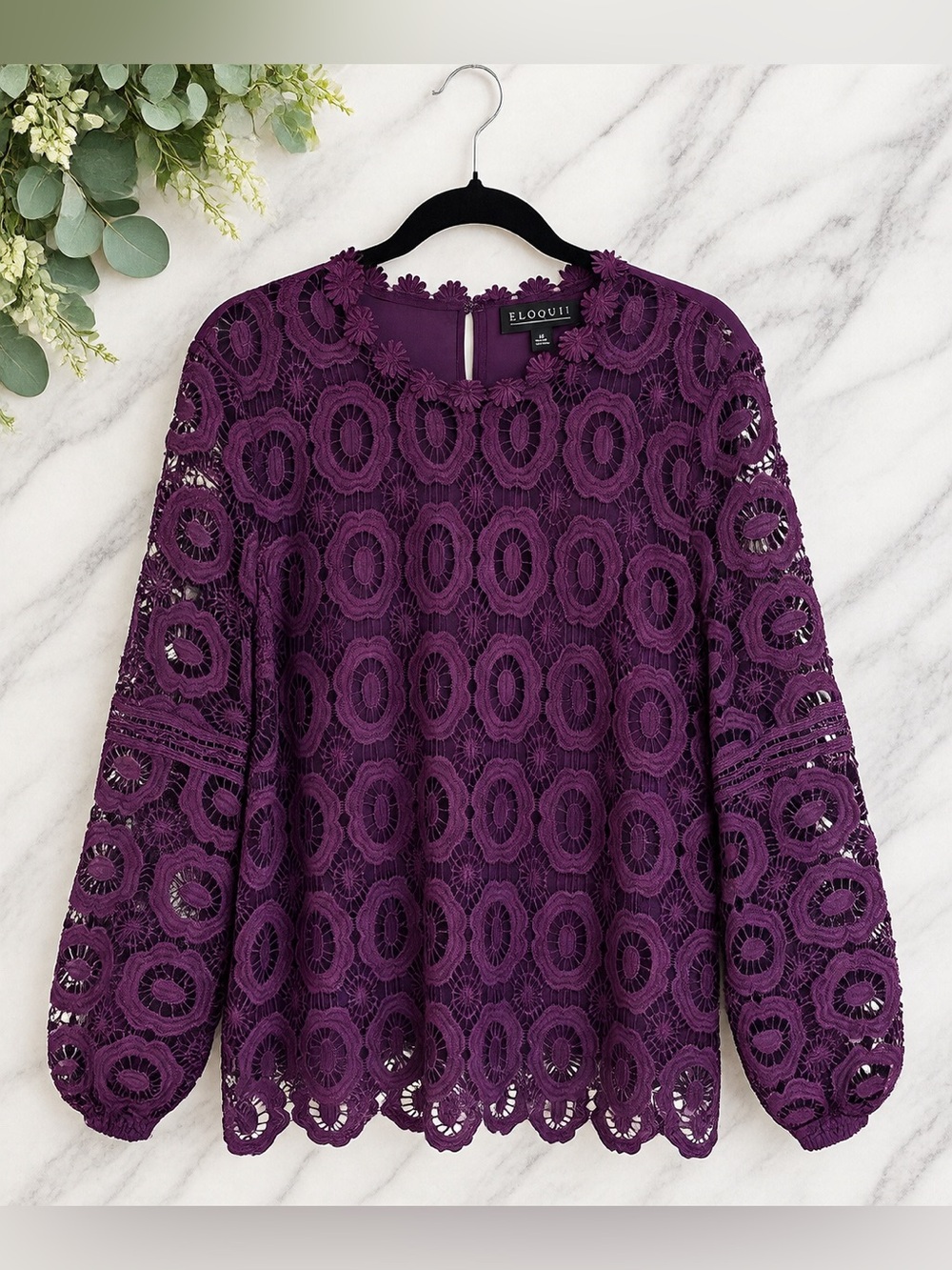 ELOQUII Purple Crochet Lace Blouse Floral Long Sleeve Plus Size 18 Fall Vibrant